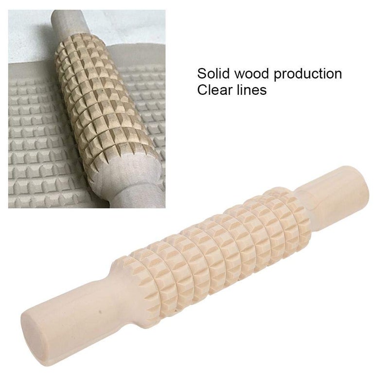 TOPINCN Clay Roller Wooden Solid Clay Rolling Pin Pottery Modeling Tools Dough Roller Baking Pastry Cake Pizza Roller (Lattice Type) - Image 4